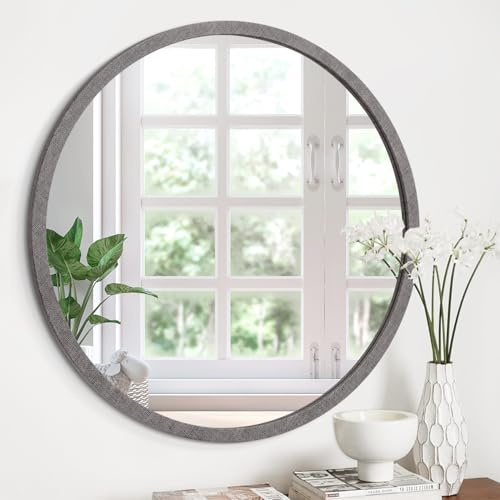 JJUUYOU Wall Mounted Circle Mirror Round 40CM Vintage Wood Frame for Bathroom Living Room Bedroom Dormitory Washroom,Gray