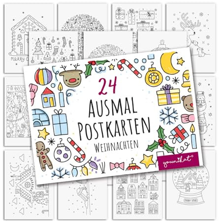 younikat Weihnachten Postkarten zum Ausmalen 24 Stk. I DIN A6 I Kinder Erwachsene I zum Selbstgestalten I Advent Kreativ I dv1531