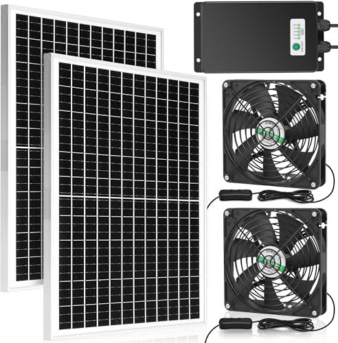blessny Solar-Doppelventilator mit 66,6 Wh Akku-Backup, 50 W Solarbetrieben, 5,5 Zoll größeres Ansaug- oder Abluftventilator-Set, IP67 wasserdicht, 3000 U/min Hochgeschwindigkeit