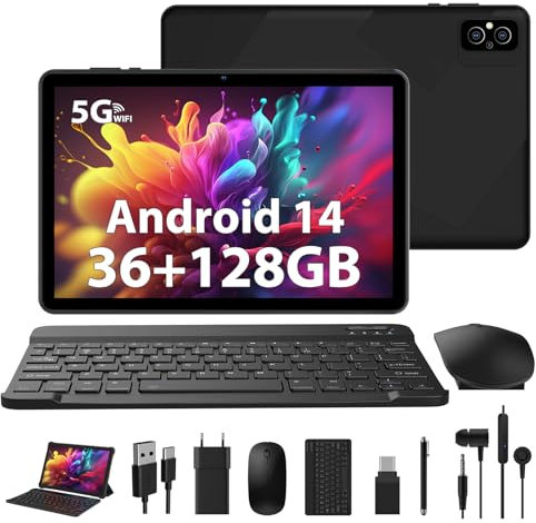 WOREGOO 10 pollici Tablet, Android 14 Touch Tablet 36G RAM+128G ROM (1TB TF), 5G WiFi, Octa-Core 2.0Ghz, 8000mAh, 1280 * 800 HD, 5MP + 8MP fotocamera con tastiera/mouse/caso -Nero
