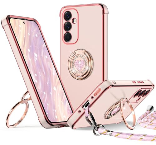 XYZ für Samsung Galaxy A56 5G Hülle mit Band, Herz Doppelring Ständer HandyHülle Handykette Frauen Mädchen Dünn Stoßfeste Anti-Kratzt SchutzHülle für Samsung A56 5G Case, Rosa