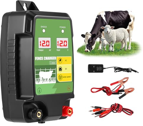 Electric Fence Energiser, Input 12V Electric Fence Charger, Output 12KV Peak 2Joule, 7.5 Miles/12Km Range, High Voltage Pulse Controller for Livestock,Large Animals,Horse, Sheep, Keep Away Predators