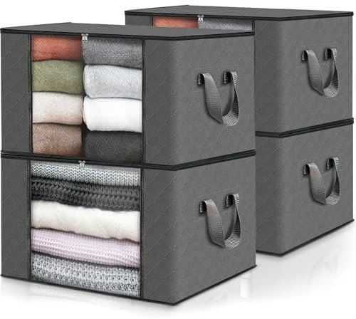 Clothes Storage Bags, 90L Large Storage Boxes with Lids Stackable Under Bed Storage Bag with Handle Moving Boxes, 4pack Foldable Wardrobe Organiser with Clear Window for Comforter Blanket Bedding