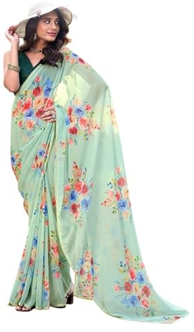 MOHIT CREATIONS Women's Partywear Georgette Floral Printed Saree || Indian Traditional Saree with Unstitched Blouse Piece