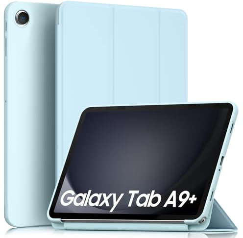 YLK Funda con Samsung Galaxy Tab A9+/ A9 Plus 11 Pulgadas 2023 SM-X210/ X216/ X218, PU Cuero Soporte de Cubierta de Tableta Protectora Anti-Scratch y Plegable Auto/Sueño Auto (Azul Claro)