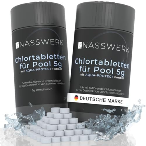 NASSWERK Mini Chlortabletten für Whirlpool 5g (2kg) | Chlortabs 5g schnelllöslich für Pool & Planschbecken | Reinigungstabletten zur Schockchlorung, Stoßchlorung & Dauerdosierung | Chlor Tabs klein