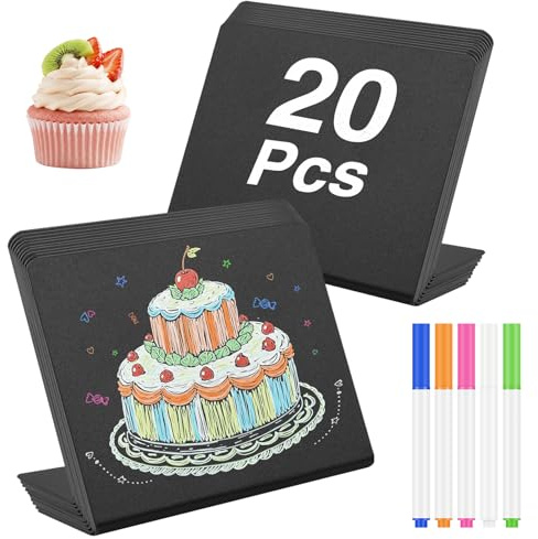 JEFURE PVC Mini Kreidetafeln, Beschriftbar, 20 Stück, L-Form | Kleine Tafel für Preisschilder, Tischkarten, Buffet Schilder, mit 5 Stifte und 1 Putztuch, für Party und Restaurant