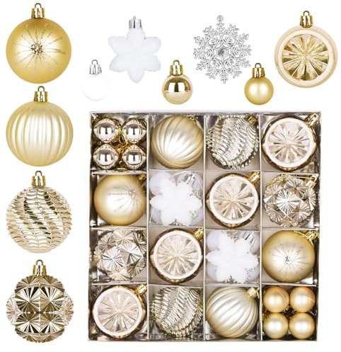 Christmas Baubles Decoration Set, 40 Pieces of Shatterproof Reflective Balls + Snowflake Pendants, DIY Accessories for Christmas Trees and Party Decoration Gift - Champagne Gold & White