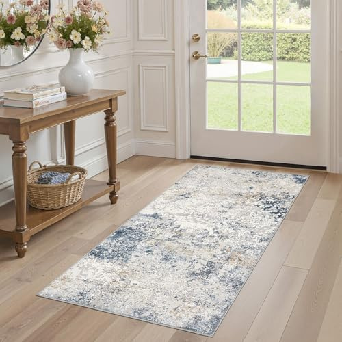 DMOYEST Teppich 80x150cm Wohnzimmer Modern Beige Blau Waschbar | Kurzflor Weich Maschinenwaschbar Rutschfest, Kinder und Haustierfreundlich für Schlafzimmer, Esszimmer und Büro