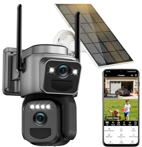 4K Camera Surveillance WiFi Exterieure sans Fil,Camera Solaire/Batterie/Double Objectif,360°PTZ Sécurité à Domicile,Suivi Automatique,Vision Vocturne,Alarme Lumineuse et Sonore,Audio Bidirectionnel