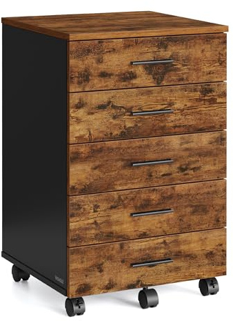 VASAGLE Rollcontainer mit 5 Schubladen, schraubenlosen Gleitschienen | Mobiler Aktenschrank, Druckerständer, für Büro, Homeoffice, rustikales Braun, CUSTOS Kollektion OFC081KD02