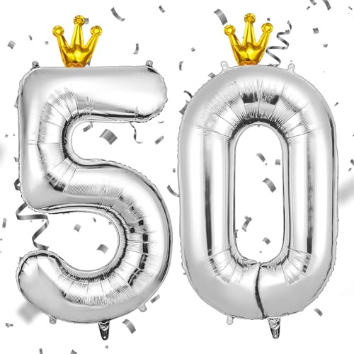 AOOSU Silber Zahl Luftballoon 50, Riesige Folienballon 50, 40 Zoll Helium Ballons Geburtstag Zahlen Luftballon Geburtstagsdeko Zahlenballon Silber Folienzahlen Ballon mit Krone, Geburtstagsparty Deko