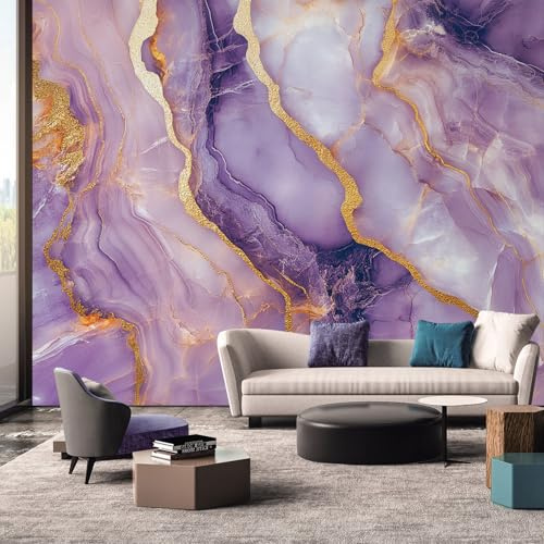 Generisch Papier Peint Panoramique Marbre Violet Chambre Salon Cuisine Intissé, Papier Peint Motif 3D Moderne Doré Texture, Deco Murale Marbre Violet, 350 x 256 cm