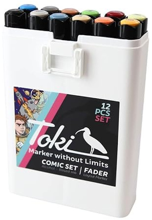 Toki Marker Fader 12er Set - Comic - Twin Tip - Alkoholbasierte Tinte - Rundspitze & Keilspitze