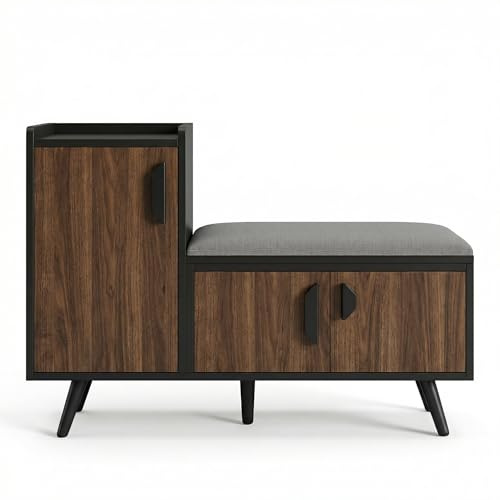 Sanch Ancha Design Schuhbank Schwarz Walnuss Mit Sitzpolster, Schuhtruhe 3 Türen Und Verstellbaren Böden, Garderobenbank Flur Mit Stauraum, Sitzbank Eingangsbereich 100x34 cm