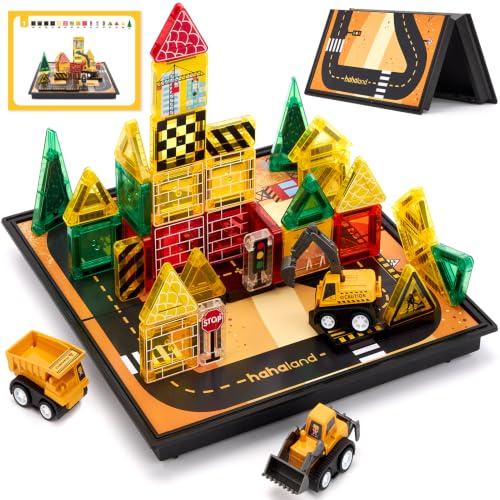 hahaland Mini Magnetische Bausteine Baustellen-Set 42PCS ab 3 Jahre | Mit 3 Baustellenfahrzeugen, Magnetic Tiles & Aufbewahrungsbox, Reisespielzeug und Montessori Geschenk für Kinder ab 3 4 Jahre