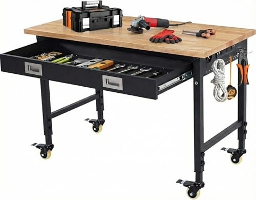 Heavy Duty Rolling Workbench, Height Adjustable 72–97cm – 900kg Load Capacity, Wheels & Steel Frame, with Hooks, Drawer & Power Sockets | Garage, Workshop & Industrial Use Workstation Table