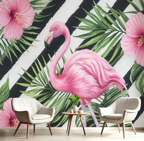Papier Peint Soie Forêt Tropicale Humide XXL Tableaux Muraux Feuille Palmier Flamant Rose Rayée Tapisserie Panoramique Décoration Murale pour Salon Couloir Salle à Mange, 450x315cm, Noir Et Blanc