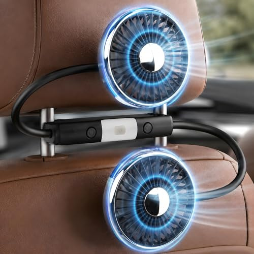 Vvnonix Ventilador de Coche de Doble Cabezal con LED y 2 Niveles, Giratorio 360°, USB Portátil, para Asiento Trasero de Coche, Camión o SUV, Ideal para Niños, Mascotas y Pasajeros