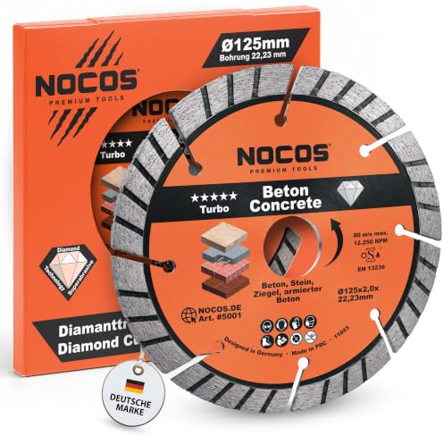 NOCOS Turbo Diamantscheibe 125 mm für Beton, Stein, Ziegel und weitere Baustellenmaterialien - Diamant Trennscheibe für Winkelschleifer und Mauernutfräsen