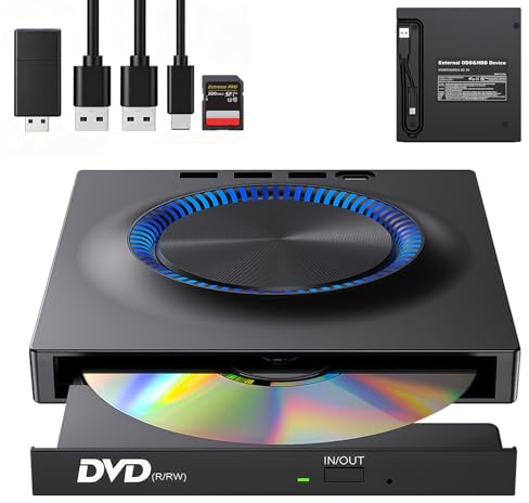 Vutlace External Blu-ray Drive, 7-in-1 Bluray/DVD/CD Burner With RGB Ambient Light, Portable Ultra-Slim Bluray Drive with SD Port, Compatible with Windows/Mac/Linux Laptop Desktop