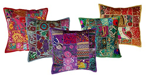 RASTOGI Kunsthandwerk bestickt Sari Patchwork Kissenbezug Handarbeit Patchwork Kissen, 5er Set, Multicolor, Blumig, 40 x 40 cm, Vintage Indian, Hochzeit, Wohnkultur, Sofa, Bett, Auto, Dekoration