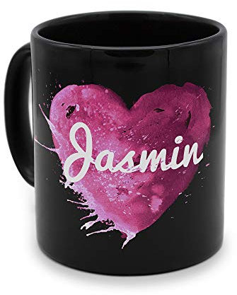 printplanet - Tasse Schwarz mit Namen Jasmin - Motiv: Painted Heart - Namenstasse, Kaffeebecher, Mug, Becher, Kaffeetasse