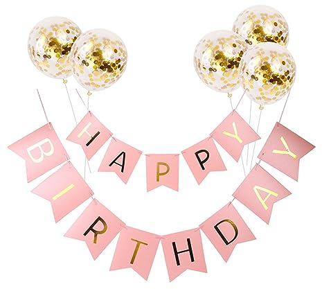 Meowoo Banner Happy Birthday Girlande mit 5 Goldenen Latexballons, Geburtstag Deko Zubehör Party Dekoration Banner und Ballon Set Geeignet für alle Altersgruppen (Pink)