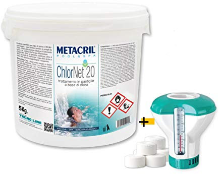Metacril Chlor Net 20 + Dosatore Galleggiante con Termometro, Cloro in Pastiglie da 20gr, per Piscina e Idromassaggio - 5 KG