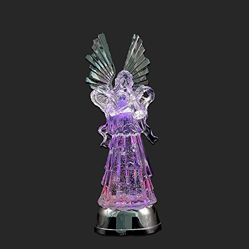 Wondise 14” Color Changing Angel Lighted Water Lamp with 6 Hour Timer, Battery Operated LED Lights Swirling Water Glitter Christmas Home Decor(Angel Trumpet with Large Wings)
