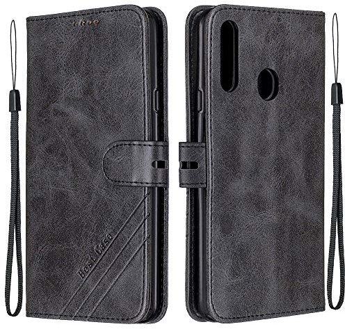 ISADENSER Schutzhülle für Samsung Galaxy A10S, Brieftaschenformat, Premium-PU-Leder, Flip-Cover, Vogue Business mit Ständer und Kreditkartenfächern, Brieftasche, Handyhülle Retro, Schwarz HX