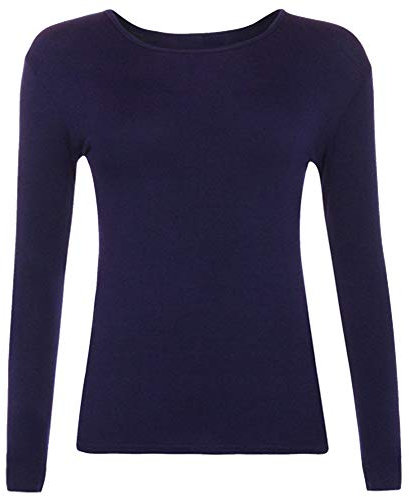 Women Long Sleeve T-Shirt Top Basic Casual Plain Stretch Vest Body Blouse Tee Layering, M/L 12-14, Navy
