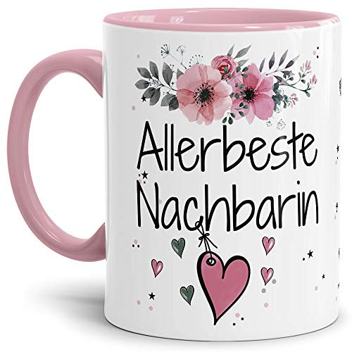 Tasse mit Spruch - Allerbeste Nachbarin - Schöne Geschenkidee/zum Geburtstag für beste Freunde und Familie/Danke Tasse - Innen & Henkel Rosa