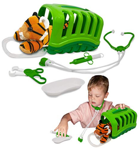 My Little Vet Basket - Baby Tiger Set from Deluxebase, Plush Tiger Toy Doctors Set with Pet Carrier, Stethoscope, Syringe, Tray & Vet Accessories - Pretend Play Doctor Kit for Kids
