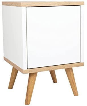 Nachtschrank Weiss – Eiche mit Regal und Türen - Kleiner Couchtisch Weiß - Beistelltisch Holz Seitenschrank - Nachtkästchen auf Holzbeinen