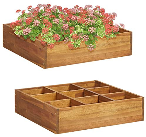 Pflanzkasten Pflanzkübel mit 9 Fächern, Garten Hochbeet aus Holz, Gemüse Blumen Blumenkasten Blumentopf Balkonkasten für Garten Terrasse Balkon, Massivholz Akazie 60 x 60 x 15 cm
