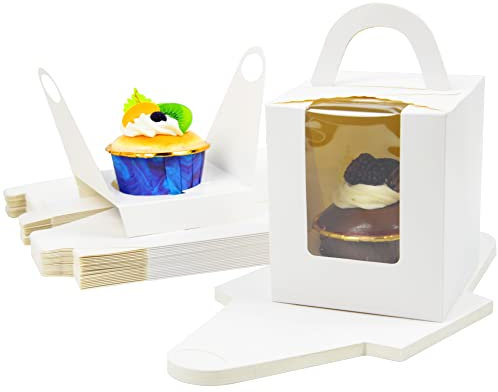 Soneinex 24 Pcs Single Cupcake Boxes Individual Cupcake Boxes 1 Hole Cup Cake Box with Window and Inserts for Wedding Birthday Party Favors(White)