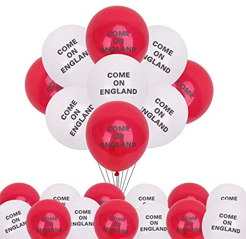 Trimming Shop 50 Pcs Red & White Come on England Balloons for England Sporting Events, 10 Inch Helium Grade Latex Balloons for Euro Decoration, National Events, Festivals & Football World Cup Events