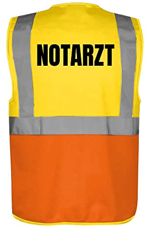 Fassbender-Druck WARNWESTEN - Sicherheitsweste GELB/ORANGE mit Taschen und Reißverschluss nach EN ISO 20471 zertifiziert - Warn Weste für NOTARZT - Unisex mit hochwertigem Reflektorstreifen