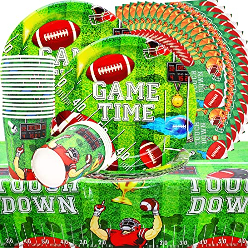 American Football Geburtstag Geschirr Set, Fussball Geburtstag Deko Set Einschließlich 20 Dessert-Teller, 20 Becher und 1 Tischdecke für American Football Geburtstagsdeko Jungs Geburtstag Deko