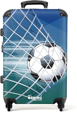 NoBoringSuitcases.com® Reisekoffer Geschenk Junge Rollkoffer Reisekoffe Trolli Suitcase Koffer Groß Kinder - Fussball - Blau - Tor - Netz - Koffer mittelgroß, 67x43x25cm
