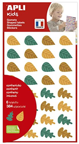 APLI Kids 19472 - Gommettes feuilles d'arbres d'automne - 2 formes de feuilles - 6 feuilles de gommettes - Couleurs: Vert, orange et marron - Adhésif enlevable.
