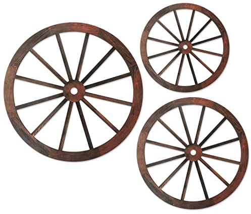 YiYa 3 Stück 20/25/30CM Wagenrad-Dekor Aus Holz - Vintage Rad Wanddeko - Rustikale Dekorative Räder für Gartenbar, Terrasse, Veranda