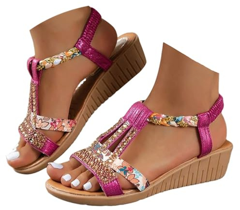 Sandalen Damen Sommer Elegant Flache Strass Bohemia T-Riemen Frauen Sandalen Weichen Sohlen Sommerschuhe Glitzer Flip Flops Gummiband Slingback Sandalen Mädchen Strandschuhe