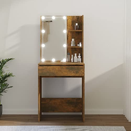 BULANED Schminktisch mit LED, Schminken Tisch, Frisiertisch, Kosmetiktisch, Schminkkommode, Schmink Tisch, Make Up Tisch, Räuchereiche 60x40x140 cm