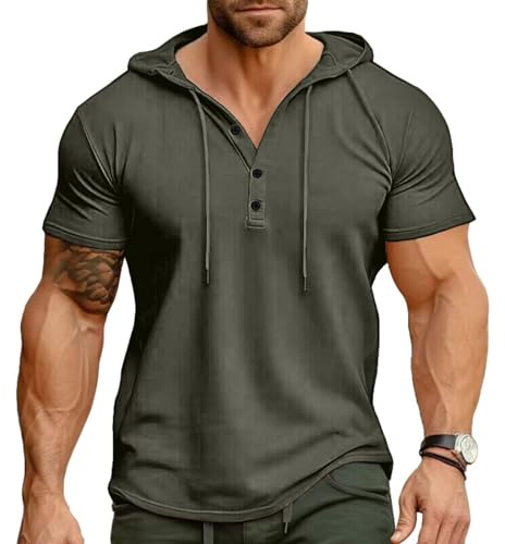 Ophestin Herren Kurzarm Kapuzenpulli Lässige T Shirts Mode Sportliche Hoodies Knopf Sweatshirt Grün M