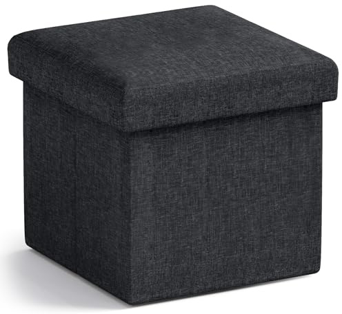Ornavo Home Small Storage Ottoman Foldable Collapsible Cube Square Linen Ottoman Foot Rest Stool Seat, for Living Room, Bedroom, Home Office, Dorm - 12 x 12 x 12, Black