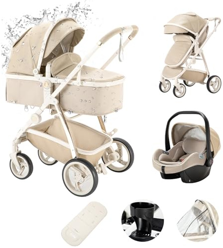Zkiprm Leder-Buggy 3-in-1, Kinderwagen mit Autositz, Stadtwagen mit Aluminiumrahmen, faltbar, mit einer Hand, stoßabsorbierende Räder, Pram für Kinder von 0 bis 4 Jahren