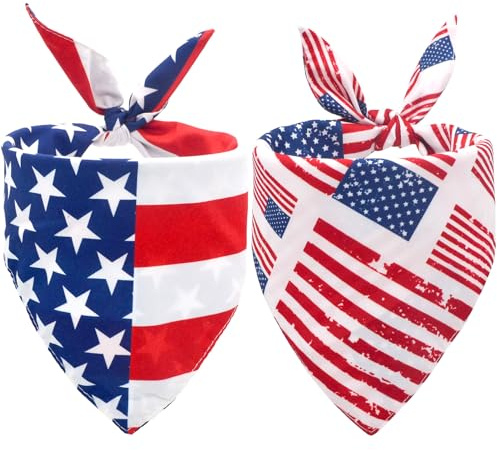 CozyHaus 2PCS Dual-Layer Design Patriotic Dog Bandanas Outfit,Large Summer Triangle Reversible Memorial Day Independence Day American Flag 4th of July Scarf for Big Boy and Girl Dogs Red White Blue