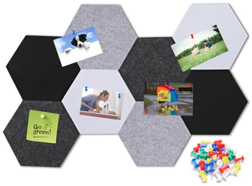 Vabrloy 8 Stück Filz Pinnwand Selbstklebend,Pinnwände aus Kork,Pinnwand Filz mit 35 Pinnnadeln,Sechseckig Filztafel Fliesen für Fotos,Memos,Wanddekoration,20.3x17.7cm